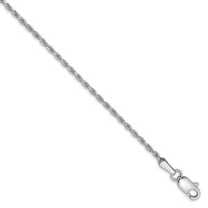 1.3mm, 14k White Gold, D/C Rope Chain Anklet or Bracelet, 9 Inch