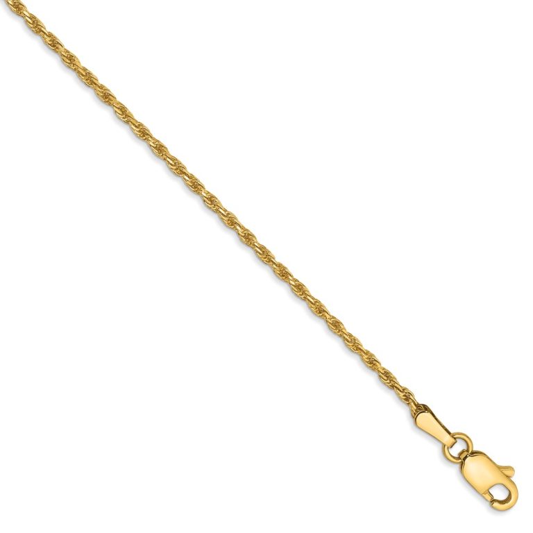 1.3mm, 14k Yellow Gold, D/C Rope Chain Anklet or Bracelet, 9 Inch