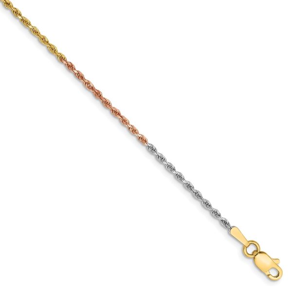 1.5mm 14k Tri-Color Gold Diamond Cut Solid Rope Anklet Bracelet, 10 In