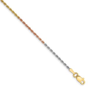 1.5mm 14k Tri-Color Gold Diamond Cut Solid Rope Chain Bracelet, 7 Inch