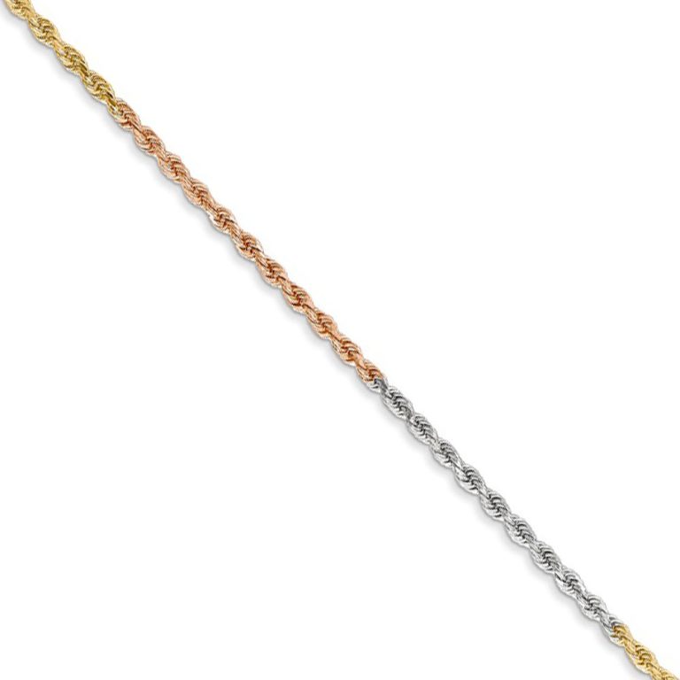 1.5mm 14k Tri-Color Gold Diamond Cut Solid Rope Chain Necklace, 16 In.