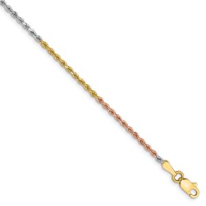 1.8mm 14k Tri-Color Gold Diamond Cut Solid Rope Chain Bracelet, 7 Inch