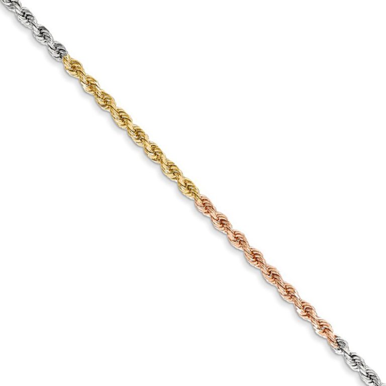 1.8mm 14k Tri-Color Gold Diamond Cut Solid Rope Chain Necklace, 16 In.