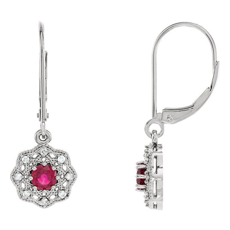 10.5 x 26mm 14k White Gold Ruby & 1/8 CTW (G-H, I1) Diamond Earrings