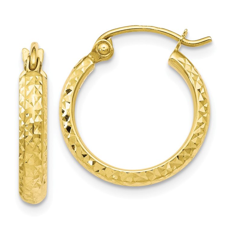 10k Yellow Gold 3mm Half Round Diamond Cut Hoop Earrings, 14mm