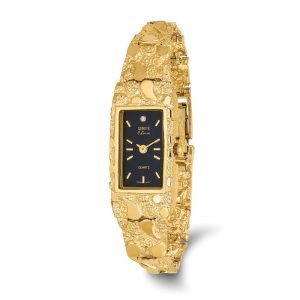 10k Yellow Gold Ladies Black Dial Rectangular Face Nugget Watch