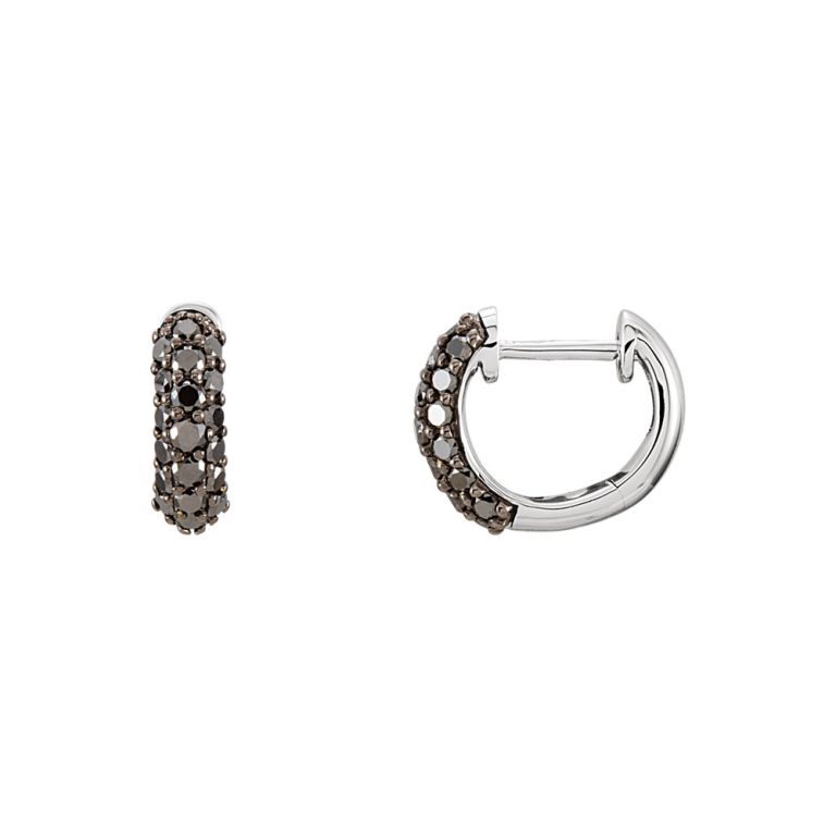 10mm Black Diamond Hinged Round Hoop Earrings in 14k White Gold