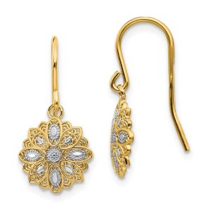 10mm Floral Dangle Earrings in 14k Yellow Gold and White Rhodium