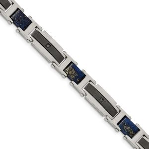 10mm Two Tone Stainless Steel, Lapis & Black CZ Bracelet, 8.75 Inch