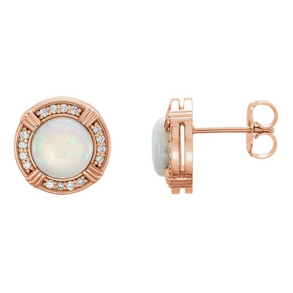 11mm 14k Rose Gold White Opal & 1/6 CTW (GH, I1) Diamond Stud Earrings