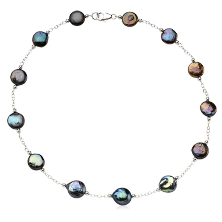 12-13mm Black FW Cultured Coin Pearl & Sterling Silver 18-In Necklace