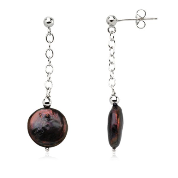 12-13mm Black Freshwater Cultured Coin Pearl Sterling Silver Earrings