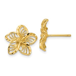 12mm Diamond Cut Filigree Plumeria Post Earrings in 14k Yellow Gold