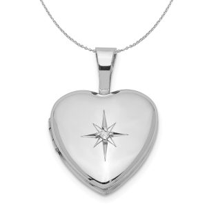 12mm Diamond Star Design Heart Shaped Silver Locket Necklace