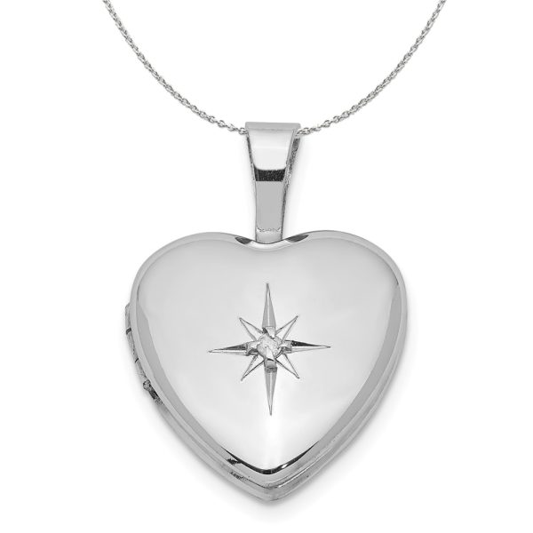 12mm Diamond Star Design Heart Shaped Silver Locket Necklace