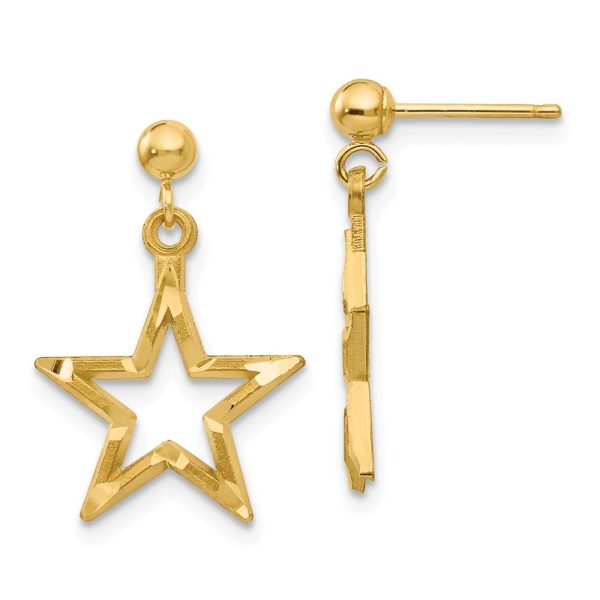 13mm Diamond Cut Open Star Dangle Post Earrings in 14k Yellow Gold