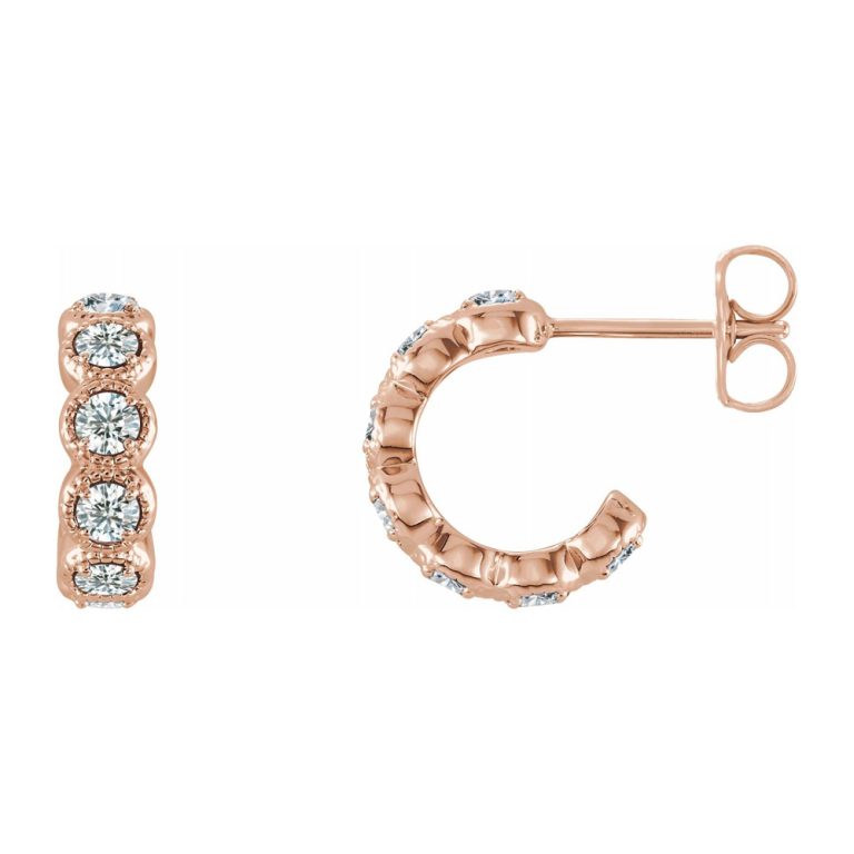 14K Rose Gold 7/8 CTW Diamond Small J Hoop Earrings, 4 x 12mm