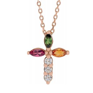 14K Rose Gold Multi-Gemstone & Diamond Cross Necklace, 16-18 Inch