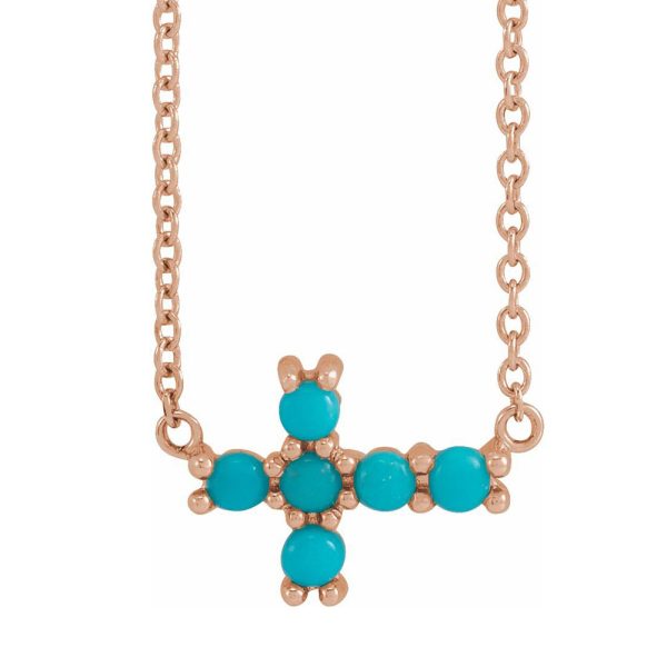 14K Rose Gold Turquoise Petite Sideways Cross Necklace, 18 Inch