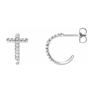 14K White Gold 1/4 CTW Diamond Cross J Hoop Earrings, 9 x 12mm