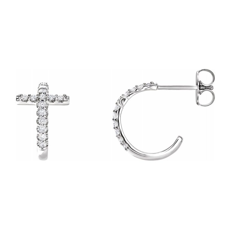 14K White Gold 1/4 CTW Diamond Cross J Hoop Earrings, 9 x 12mm