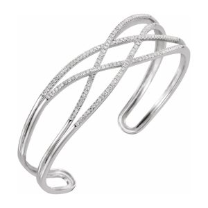 14K White Gold 3/4 CTW Diamond 16mm Crisscross Cuff Bracelet, 7 Inch