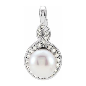 14K White Gold Akoya Cultured Pearl & 1/10 CTW Diamond Pendant, 9x17mm