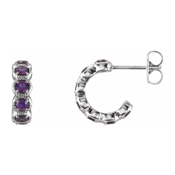 14K White Gold Amethyst Small J Hoop Earrings, 4 x 12mm