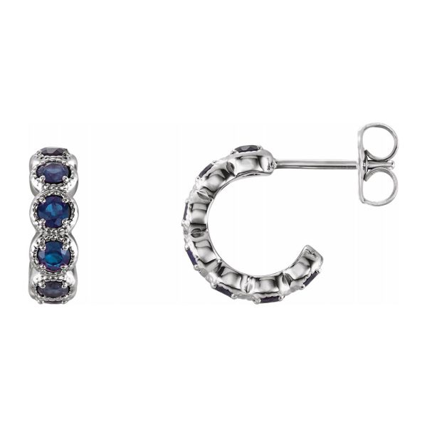 14K White Gold Blue Sapphire Small J Hoop Earrings, 4 x 12mm