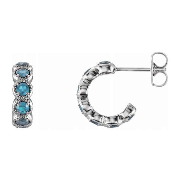 14K White Gold Blue Zircon Small J Hoop Earrings, 4 x 12mm