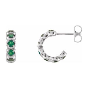 14K White Gold Emerald Small J Hoop Earrings, 4 x 12mm