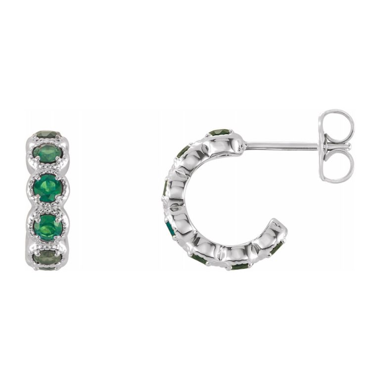 14K White Gold Emerald Small J Hoop Earrings, 4 x 12mm