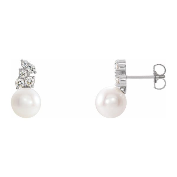 14K White Gold FW Cultured Pearl 3/8 CTW Diamond Post Earrings, 8x10mm