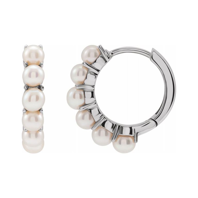 14K White Gold Freshwater Cultured Pearl Huggie Hoop Earrings, 15.5mm