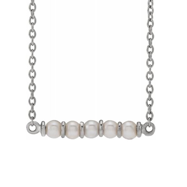 14K White Gold Freshwater Cultured Pearl Small Bar Necklace, 18 Inch