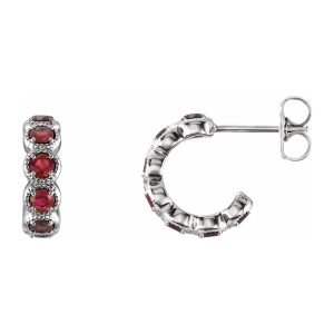 14K White Gold Mozambique Garnet Small J Hoop Earrings, 4 x 12mm