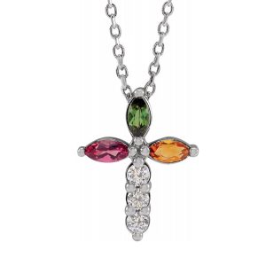 14K White Gold Multi-Gemstone & Diamond Cross Necklace, 16-18 Inch