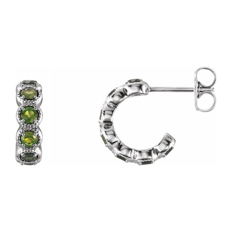 14K White Gold Peridot Small J Hoop Earrings, 4 x 12mm