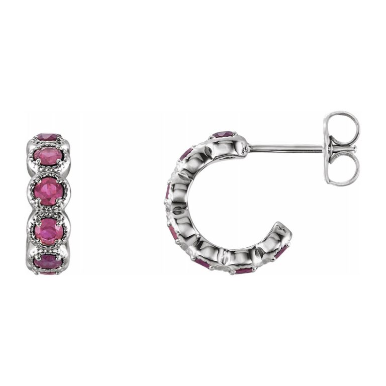 14K White Gold Pink Tourmaline Small J Hoop Earrings, 4 x 12mm