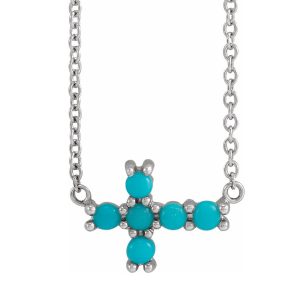 14K White Gold Turquoise Petite Sideways Cross Necklace, 18 Inch