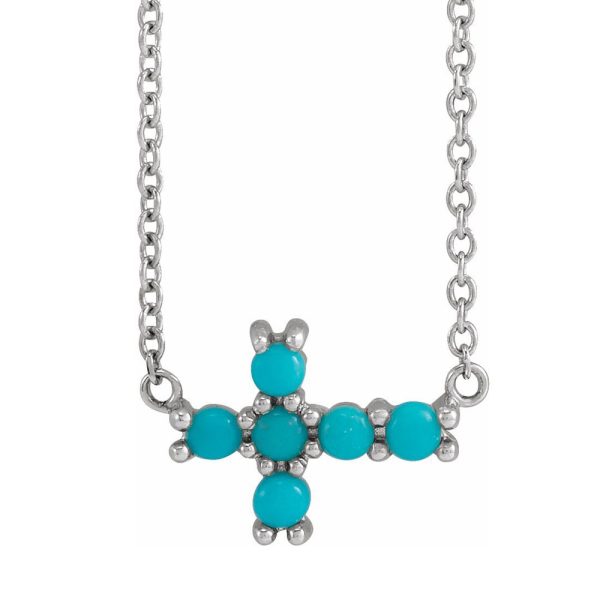 14K White Gold Turquoise Petite Sideways Cross Necklace, 18 Inch