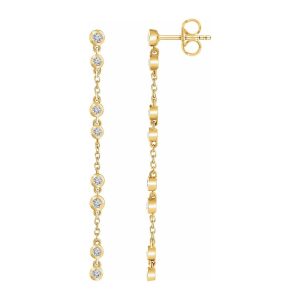 14K Yellow Gold 1/3 CTW Diamond Chain Dangle Post Earrings, 3 x 60mm