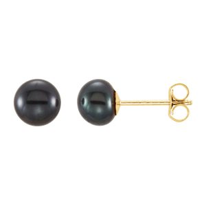 14K Yellow Gold 5-6 mm Black Freshwater Cultured Pearl Stud Earrings