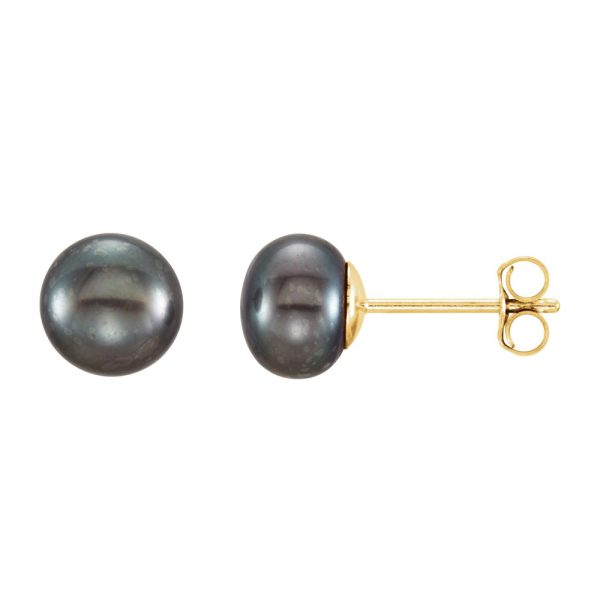 14K Yellow Gold 6-7 mm Black Freshwater Cultured Pearl Stud Earrings