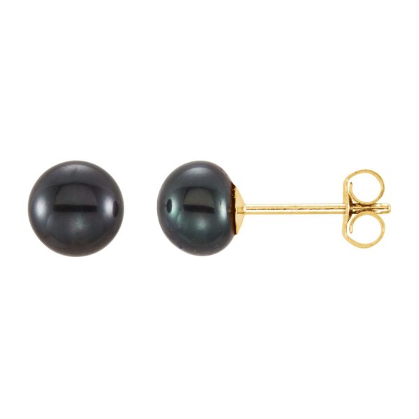 14K Yellow Gold 7-8 mm Black Freshwater Cultured Pearl Stud Earrings