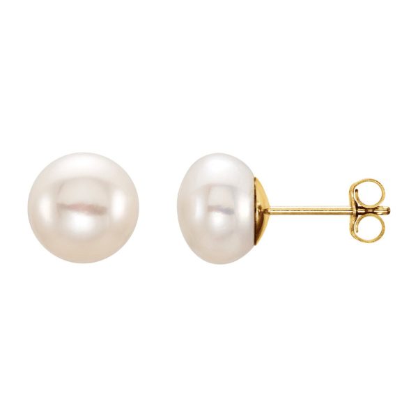 14K Yellow Gold 8-9 mm White Freshwater Cultured Pearl Stud Earrings