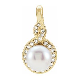 14K Yellow Gold Akoya Cultured Pearl 1/10 CTW Diamond Pendant, 9x17mm