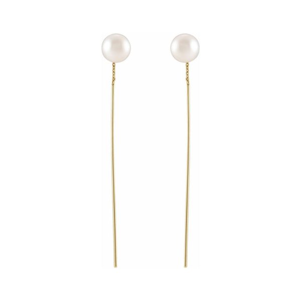 14K Yellow Gold FW Cultured Pearl Threader Earrings, 6-6.5 x 59mm