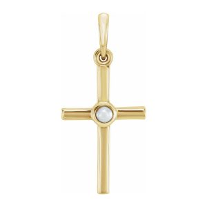 14K Yellow Gold Freshwater Cultured Pearl Cross Pendant, 11x24mm