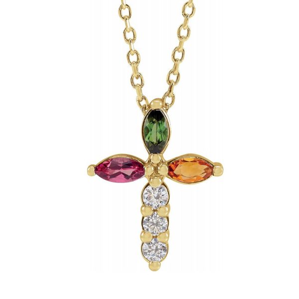 14K Yellow Gold Multi-Gemstone & Diamond Cross Necklace, 16-18 Inch